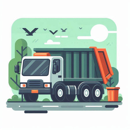 Garbage truck flat vector illustration. Dump truck on the road.のイラスト素材