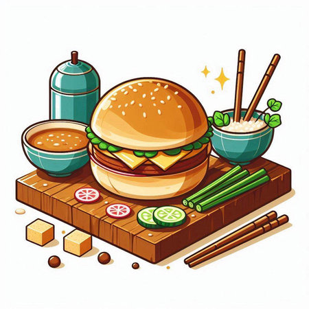 Hamburger with chopsticks on wooden board. Vector illustration.のイラスト素材