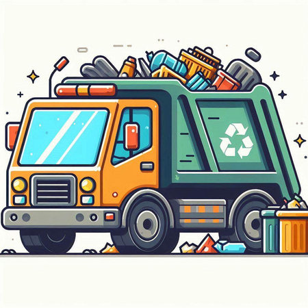 Vector illustration of a garbage truck with trash in the flat style.のイラスト素材