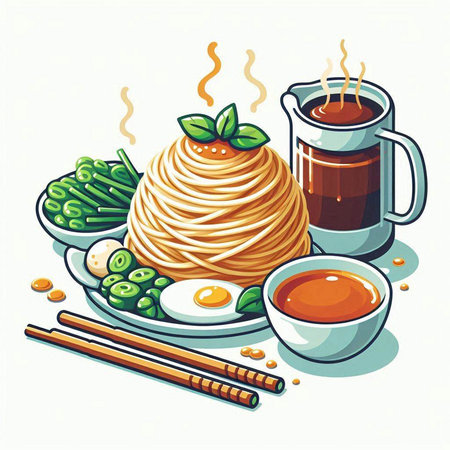 Illustration of a Japanese noodle with chopsticks and soy sauceのイラスト素材