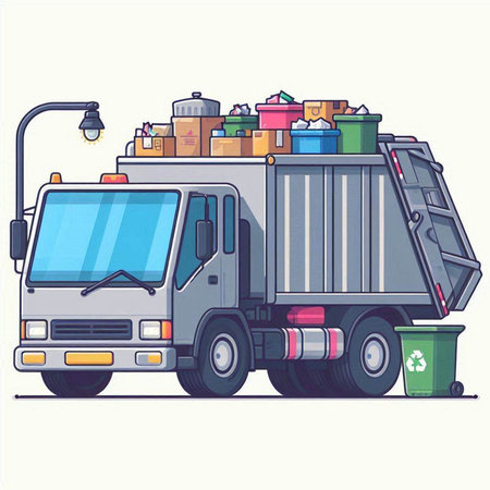 Garbage truck with garbage container. Vector illustration in cartoon style.のイラスト素材