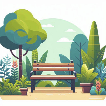 Vector illustration of a bench in the park with trees and plants.のイラスト素材