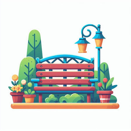 Park bench with lantern and plants. Vector illustration in cartoon style.のイラスト素材