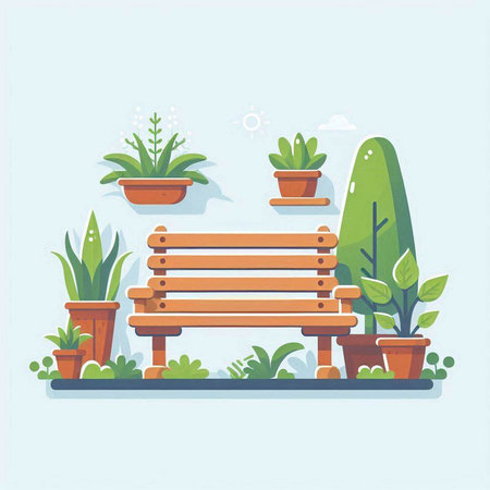 Vector illustration of a bench in the park with plants. Flat design.のイラスト素材