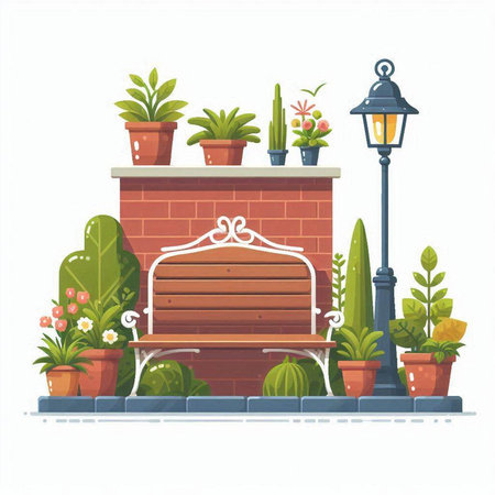 Vector illustration of a bench in the garden with plants and lantern.のイラスト素材
