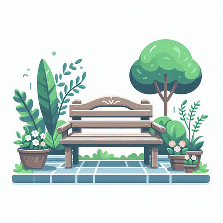 Vector illustration of a wooden bench in the garden. Flat style.のイラスト素材