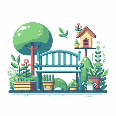 Vector illustration of a garden bench with plants, watering can and birdhouse.のイラスト素材