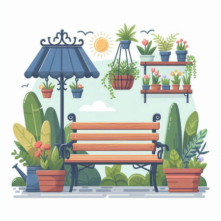 Vector illustration of a bench in the garden with flowers and plants.のイラスト素材