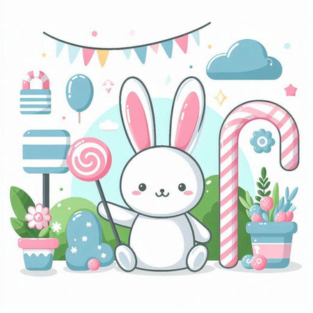 Cute cartoon bunny with candies, lollipops and flowers. Vector illustration.のイラスト素材