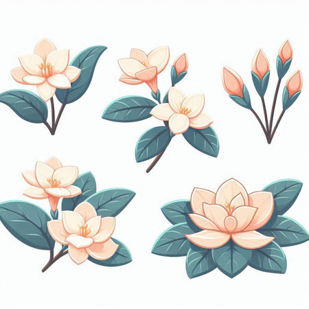 Set of stylized flowers with leaves isolated on white background. Vector illustration.のイラスト素材
