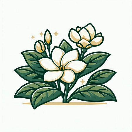 Jasmine flowers and leaves on white background. Vector illustration.のイラスト素材