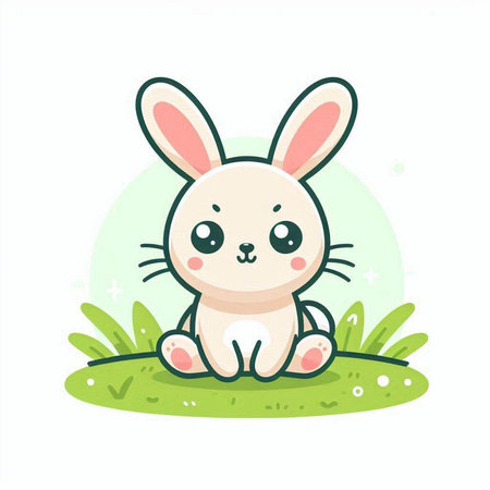 Cute cartoon bunny sitting on the green grass. Vector illustration.のイラスト素材