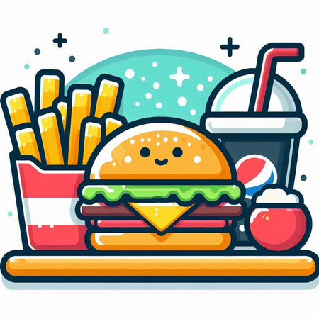 Fast food vector illustration. Hamburger, french fries, soda drink and ice cream.のイラスト素材