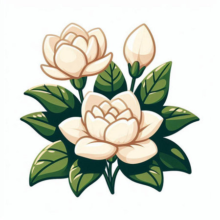 Illustration of a magnolia flower with leaves on a white backgroundのイラスト素材