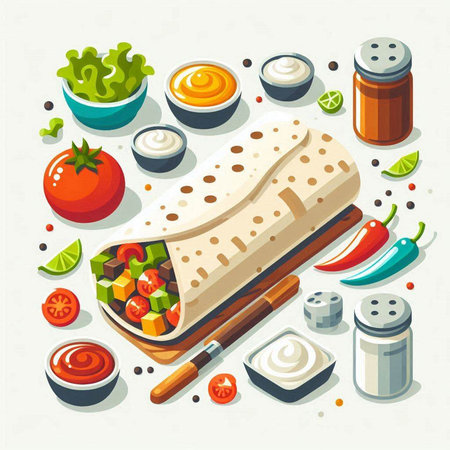 Shawarma with vegetables and sauce isometric composition. Vector illustrationのイラスト素材