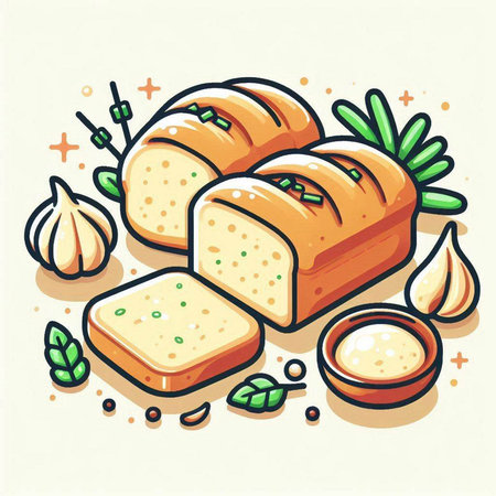 Illustration of bread with garlic and herbs. Vector illustration of bread.のイラスト素材