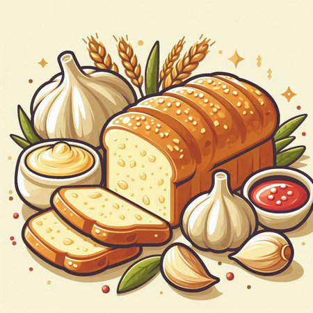 Illustration of bread and ingredients for making mayonaise on a light backgroundのイラスト素材