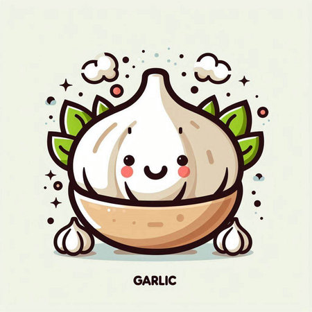 Vector illustration of Cute Cartoon Garlic character. Cute vegetable character.のイラスト素材