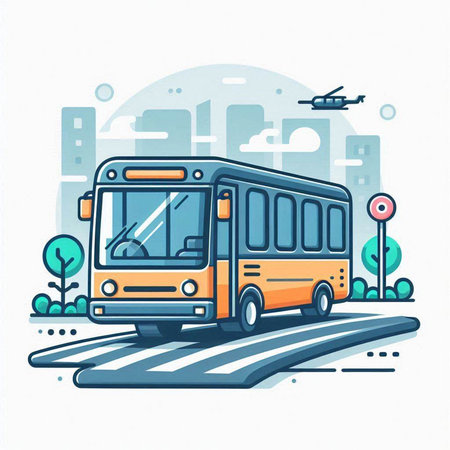 Bus on the road. Vector illustration in flat linear style on white background.のイラスト素材