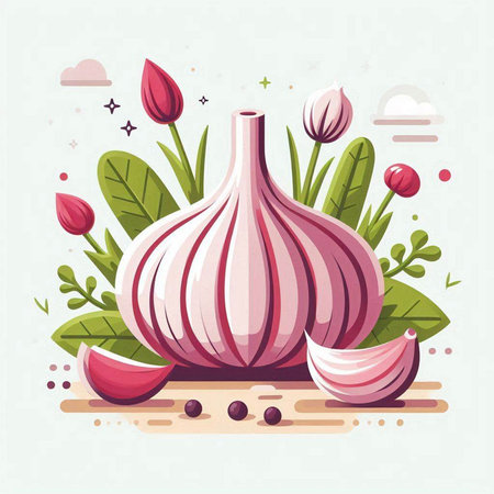 Garlic vector illustration. Garlic with leaves and flower, flat designのイラスト素材