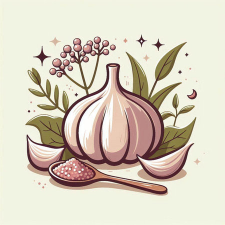 Garlic and spices on a light background. Hand drawn vector illustration.のイラスト素材