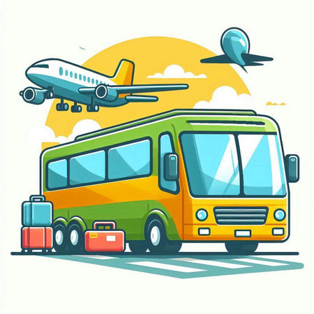 Vector illustration of bus on the road with luggage and airplane on the backgroundのイラスト素材