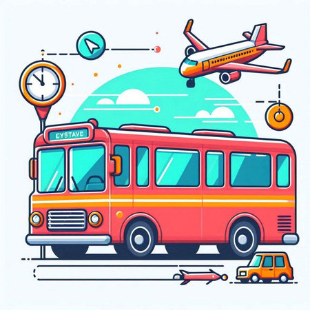 Vector illustration of red bus and airplane on white background. Line art design for web, site, advertising, banner, poster, board and print.のイラスト素材