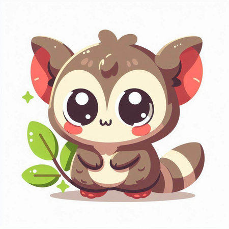 Cute cartoon raccoon with green leaves on white background. Vector illustration.のイラスト素材