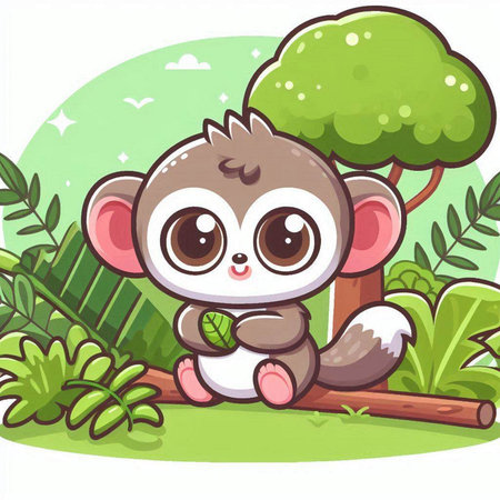 Cute cartoon baby monkey sitting in the jungle. Vector illustration.のイラスト素材