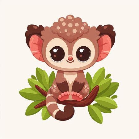 Cute cartoon lemur sitting on a tree branch. Vector illustrationのイラスト素材