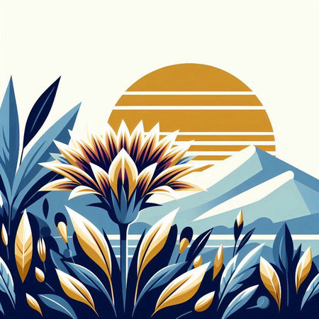 Illustration of sun, mountain and flowers in retro style. Vector illustration.のイラスト素材
