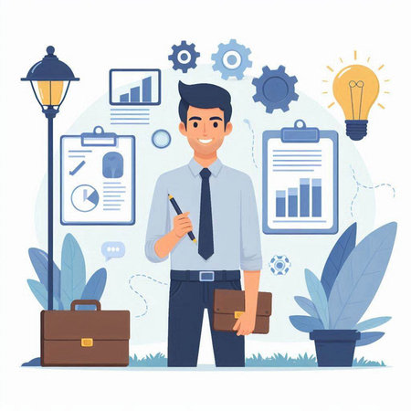 Businessman working in office. Vector illustration in flat style design.のイラスト素材