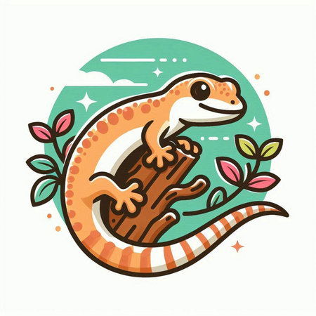 Cute cartoon gecko on the tree branch. Vector illustration.のイラスト素材
