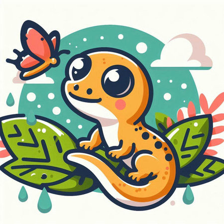 Cute cartoon lizard on the background of green leaves. Vector illustration.のイラスト素材