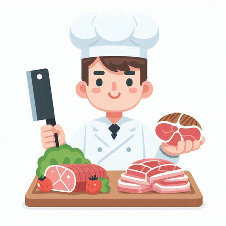 Chef cooking meat on cutting board. Vector illustration in cartoon styleのイラスト素材