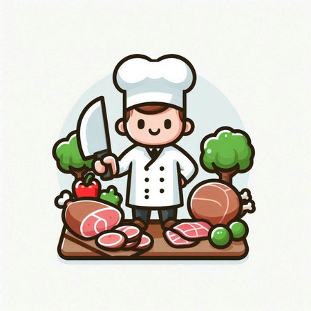 Cartoon chef with fresh meat and vegetables. Vector cartoon illustration.のイラスト素材