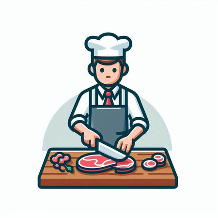 Chef cutting meat on a wooden board. Vector illustration in cartoon style.のイラスト素材