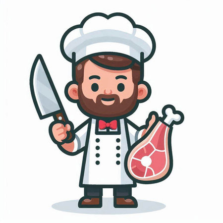 Chef with meat cartoon mascot vector illustration. Food and restaurant mascot.のイラスト素材
