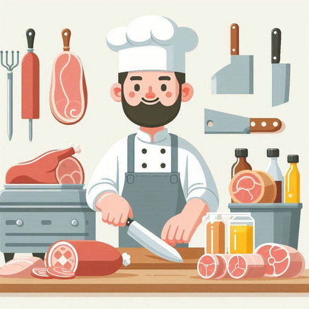 Butcher cutting meat. Vector illustration of a butcher in a flat style.のイラスト素材