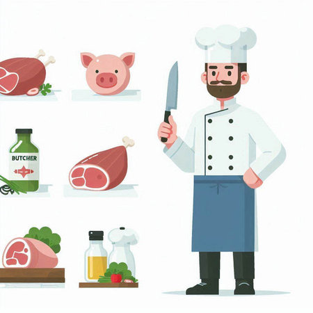 Vector illustration of a butcher with a knife, meat and vegetables.のイラスト素材