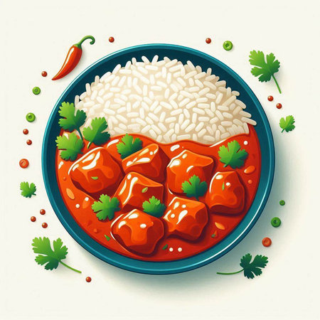 Rice with meatballs in tomato sauce and parsley. Vector illustration.のイラスト素材