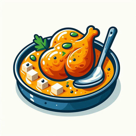 Illustration of chicken in a frying pan with soy sauce. Vector illustration.のイラスト素材