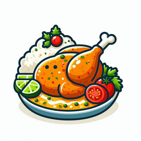 Illustration of a chicken with rice and vegetables on a white backgroundのイラスト素材