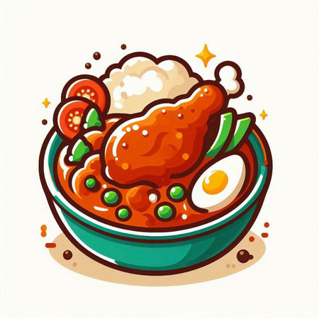 Soup with chicken, egg and vegetables. Hand drawn vector illustration.のイラスト素材