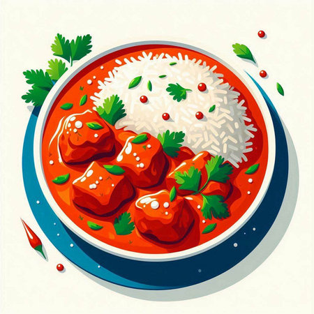 Rice with meatballs in tomato sauce and parsley. Vector illustration.のイラスト素材