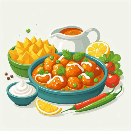 Bowl of spicy chicken meatballs in tomato sauce. Vector illustration.のイラスト素材