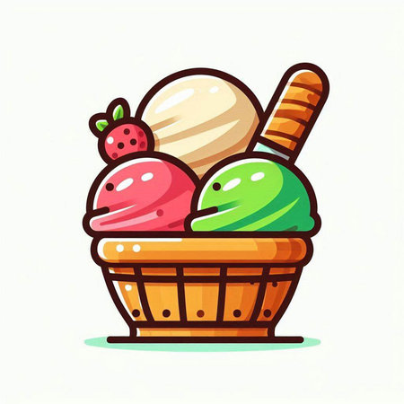 Ice cream scoops in wicker basket, vector cartoon illustration.のイラスト素材
