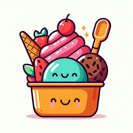 Cute kawaii ice cream in a bowl. Vector illustration.のイラスト素材