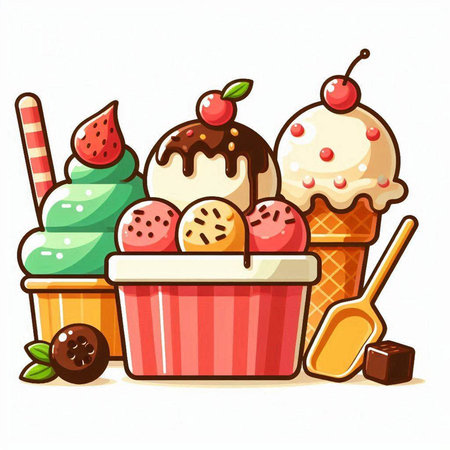 Ice cream set. Ice cream, cupcake, strawberry, chocolate, vanilla, cherry, chocolate, ice cream. Vector illustrationのイラスト素材