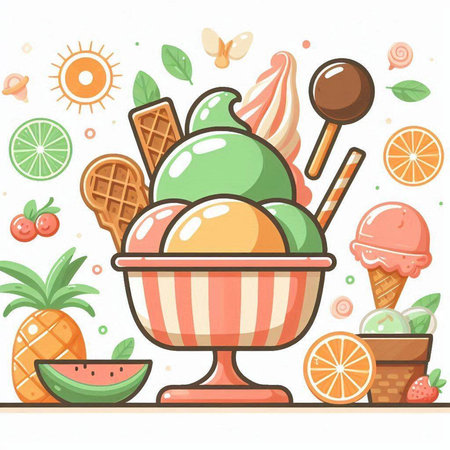Colorful ice cream with fruits and berries in a bowl. Vector illustration.のイラスト素材
